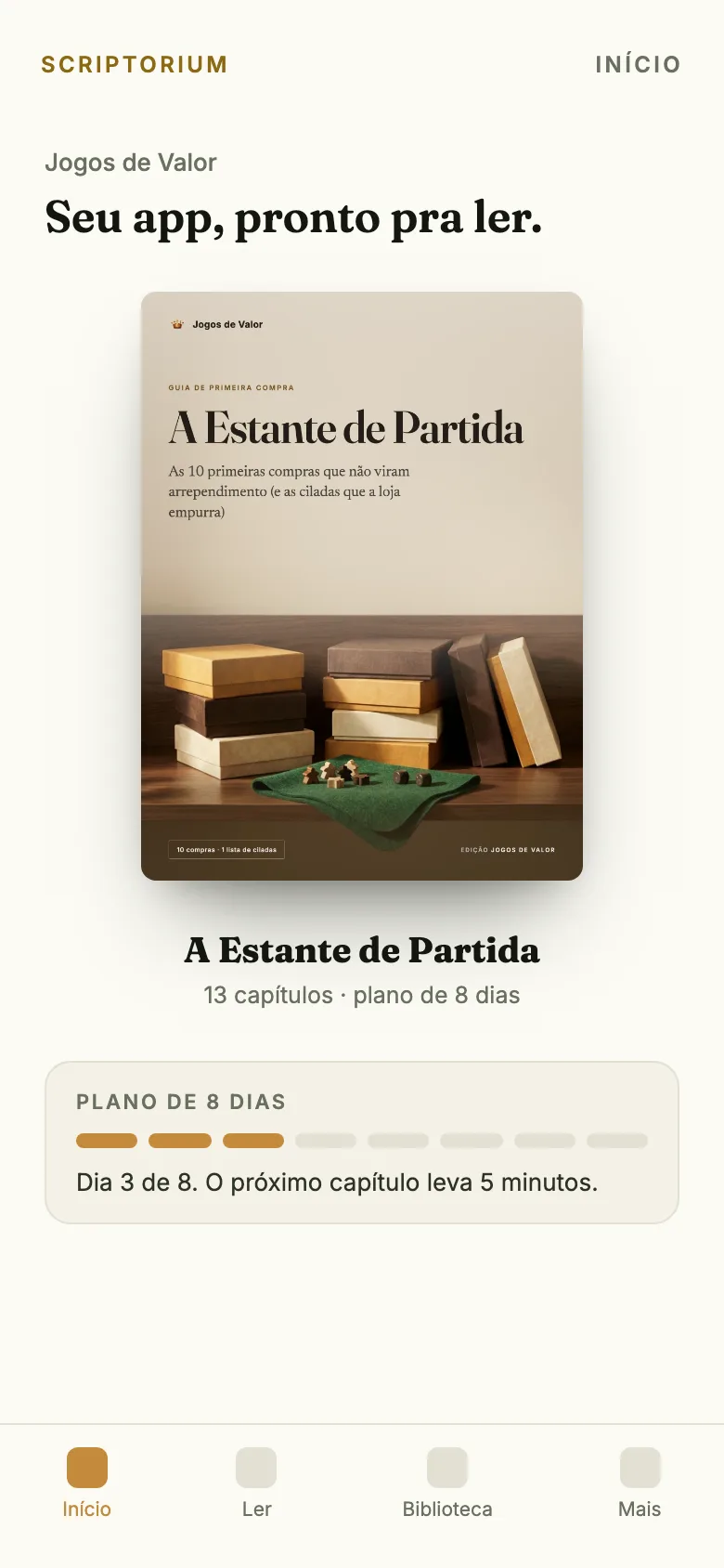 Capa do app: o ebook A Estante de Partida aberto na tela Início, com o plano de 8 dias