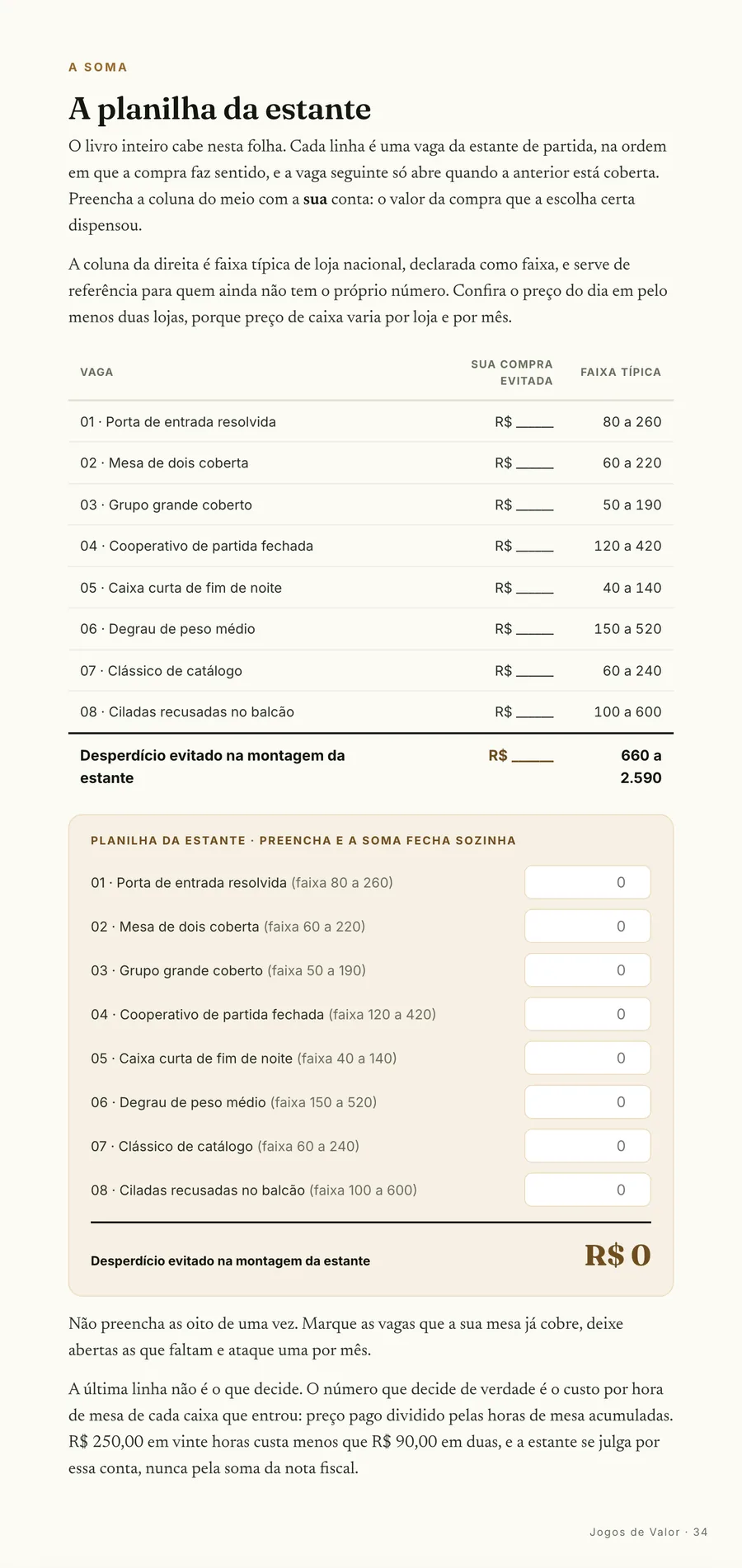 Calculadora: A planilha da estante: preenche vaga por vaga e a soma fecha sozinha